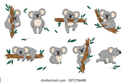 Koala bear. Australia animal, baby hugging mom. Cute koala. Children's design print for textiles, t-shirts, banner, background, nursery.