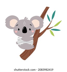 Koala Bear as Australian Animal Sitting on Eucalyptus Branch Vector Illustration