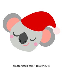Koala bear baby head in red Christmas hat smiling. Cute and funny character. Cartoon style. Flat illustration. Happy New Year. For children's books and magazines. For post cards and wrapping paper
