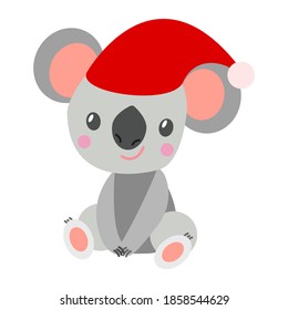 Koala bear baby in red Christmas hat sitting and smiling. Cute and funny character. Cartoon style. Simple flat illustration. For children's books and magazines. For post cards and wrapping paper