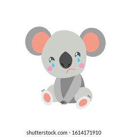 Koala bear baby sitting and crying. Sad emotion. Simple flat illustration. Cartoon style. Cute and funny character. For kids books and magazines. For post cards and posters. Pray for Australia