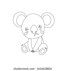 Koala bear baby sitting and crying. Australia animal. Sad and cute character. Mood expression. Cartoon style. Simple outline graphic illustration. For coloring book page. For kids. Pray for Australia.