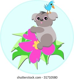 Koala Bear and Bird on a Hibiscus Flower Vector