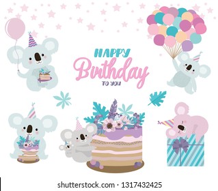 Koala bear birthday card. Cute birthday greeting card with fun koalas. Editable vector illustration