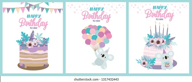 Koala bear birthday cards. Cute birthday greeting cards with fun koalas. Editable vector illustration