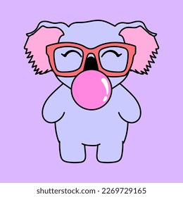 KOALA BEAR WITH BUBBLE GUM AND WEARING GLASSES , SLOGAN PRINT VECTOR