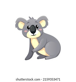 Koala bear cartoon character isolated funny fluffy personage isolated on white. Vector koala australian fauna animal, gray bear sitting foraging, australian mammal with sweet cheerful childish face