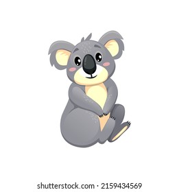 Koala Bear Cartoon Character Sitting Cute Animal Isolated Funny Fluffy Personage. Vector Australia Mammal With Sweet Cheerful Childish Face, Koala Australian Fauna Animal, Gray Bear Sit And Forage