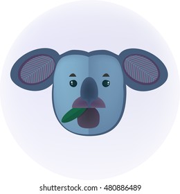 Koala bear cartoon. Flat style vector koala illustration. Blue koala chewing an eucalyptus leaf on white background. Children book illustration. Koala icon.