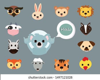 Koala bear cartoon say hello concept . Flat vector illustration for web page. 