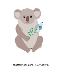 Koala Bear Cartoon Vector. Australian Animals In Danger. Pray For Australia. Line Vector Icon Isolated On White Cute Animal With Bottle Water And Green Plant