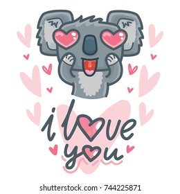 Koala bear character in love with hearts and lettering calligraphy text. I love you. Hand drawn illustration in cartoon style for greeting card, poster, banner, print, invitation