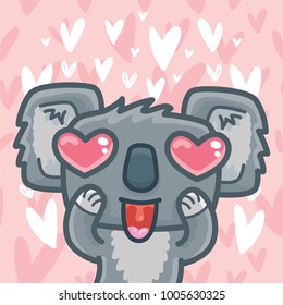 Koala bear character madly in love with heart eyes on romantic pink background. Vector illustration art in cartoon, doodle hand drawn style: for Valentine Day cards, poster, wedding, invitation