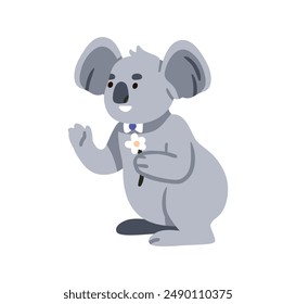 Koala bear, cute happy character holding flower in paw. Funny adorable kawaii smiling animal. Excited positive joyful mammal. Kids childrens flat vector illustration isolated on white background