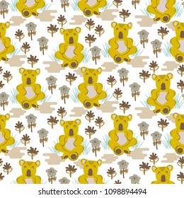 Koala bear cute kids seamless pattern vector. Funny animal sitting on a meadow background.