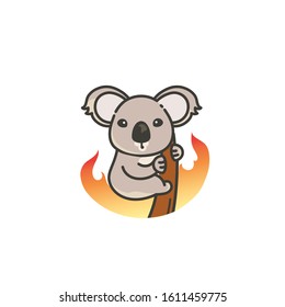 Koala Bear In Danger. Simple Line Illustration With Australian Animal And Fire. 