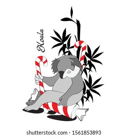 Koala bear dozes on a candy on a background of ekalipt leaves, the inscription, on a white background. Print for t-shirts, design cards, flyers.
