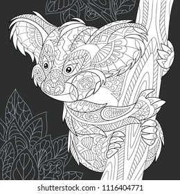 Koala bear drawn in line art style. Jungle background in black and white colors on chalkboard. Coloring book. Coloring page. Zentangle vector illustration.