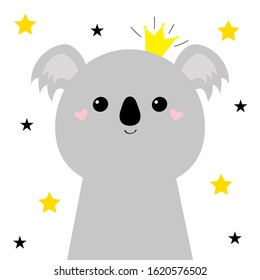 Koala bear face head. Cute kawaii animal. Golden crown, star sparkle. Cute cartoon funny baby character. Kids print for poster, t-shirt. Love. Scandinavian style. Flat design. White background. Vector