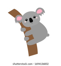 Koala bear face head hanging on the tree branch. Gray silhouette. Kawaii animal. Cute cartoon funny baby character. Notebook cover, t-shirt print Love Greeting card Flat design White background Vector