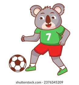 A koala bear football game. Score a goal. Draw paths for the ball. Cute animal Soccer player.Isolated on white background.Character cartoon vector illustration.