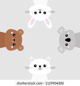 Koala, bear grizzly, rabbit, hare, cat kitten head face set. Pink cheeks. Cute cartoon character. Pet baby animal collection. Gray background. Flat design Vector illustration