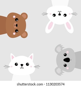 Koala, bear grizzly, rabbit, hare, cat kitten head face set. Pink cheeks. Cute cartoon character. Pet animal collection. Baby background. Flat design Vector illustration