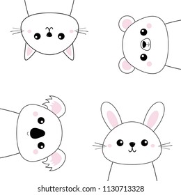 Koala, bear grizzly, rabbit, hare, cat kitten head face set. Doodle linear sketch. Pink cheeks. Cute cartoon character. Pet animal collection. T-shirt design. Baby background. Flat Vector illustration