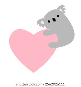 Koala bear hanging on pink heart. Cute cartoon funny baby character. Kawaii animal. Sticker, t-shirt print template. Love Valentines Day greeting card. Flat design. White background. Isolated. Vector