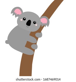 Koala bear hanging on the tree branch. Gray silhouette. Kawaii animal face head. Cute cartoon funny baby character. Notebook cover, t-shirt print Love Greeting card Flat design White background Vector