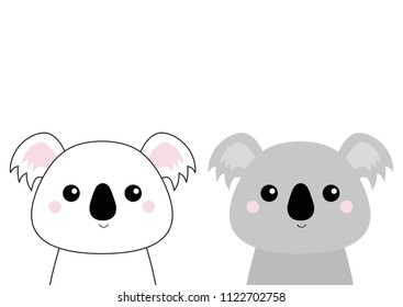 Koala bear head face set. Doodle linear sketch. Cute cartoon character. T-shirt design. Dash line. Pet animal. White gray color. Baby background. Flat design Vector illustration