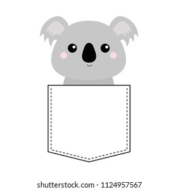Koala bear head face sitting in the pocket. Doodle linear sketch. Cute cartoon character. T-shirt design. Dash line. Pet animal. Gray color. White background. Flat design Vector