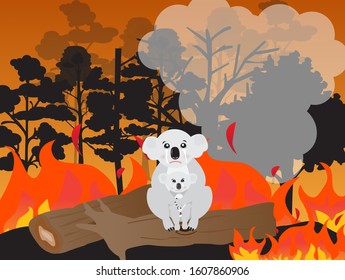 Koala Bear And Her Baby Sitting On The Dry Tree Among Forest Fire,vector Illustration.Australia Forest Fire.