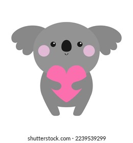 Koala bear holding heart icon. Cute cartoon funny baby character. Kawaii animal. Pink cheek. Notebook cover, t-shirt print. Love Valentines Day greeting card. Flat design. White background. Vector