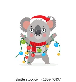 Koala Bear Kid. Cute Cartoon Koala Bear Characters. Merry Christmas Vector Illustration. Koala With Christmas Lights Garland. Australian New Year Card.
