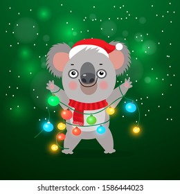 Koala Bear Kid. Happy Koala With Christmas Lights Garland. Australian New Year Card. Cute Cartoon Koala Bear Characters. Merry Christmas Vector Illustration.