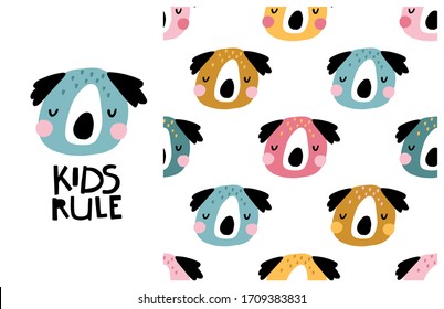 Koala bear. Kids Rule. Cute face of an animal with lettering and Seamless pattern. Childish print for nursery in a Scandinavian style. Vector cartoon illustration in pastel colors.