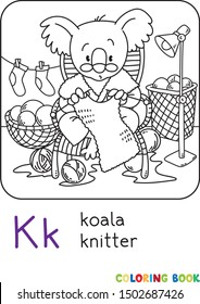 Koala bear knitter ABC coloring book. Alphabet K