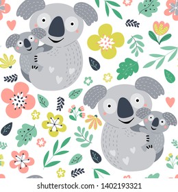 Koala bear mom with baby seamless pattern in a vector. Wild Australian happy animal character flat wrapping paper. Floral cartoon background, backdrop, textile design for kids. 