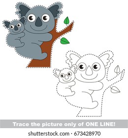 Koala Bear Mother and Her Baby to be traced only of one line, the tracing educational game to preschool kids with easy game level, the colorful and colorless version.