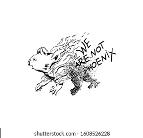 Koala bear on fire turns to ash. Burning Animal Graphic hand drawn sketch, with the inscription. Concept for the bushfires, forest fire problem. Flora and fauna of the Earth protection logo, vector 