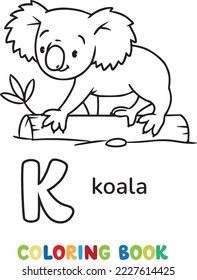 Oso Koala en el tronco. Ilustración vectorial infantil. Animales ABC libro de colorear para niños. Letra K