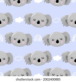 Diseño de patrones de oso Koala con cabezas de coala y cielo nublado - doodle dibujado a mano divertido, patrón sin fisuras. Diseño gráfico textil de carteles o camisetas. Papel de escritorio, papel envolvente, fondo.