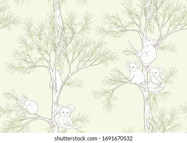 Koala bear seamless pattern. Colored vector illustration. On soft green background