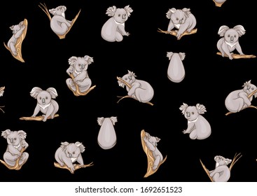 Koala bear seamless pattern. Colored vector illustration. Isolated on black background.