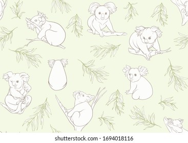 Koala bear seamless pattern. Colored vector illustration. On soft green background