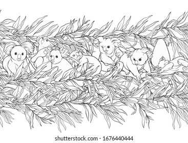 Koala bear seamless pattern. Outline hand drawing vector illustration.