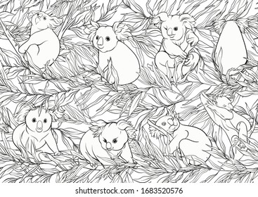 Koala Bär nahtloses Muster. Umrisszeichnung der Vektorillustration.