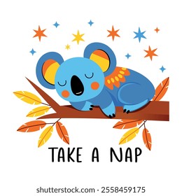 Koala bear with take a nap typography, flat sticker 