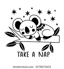 Koala bear with take a nap typography, glyph sticker 

